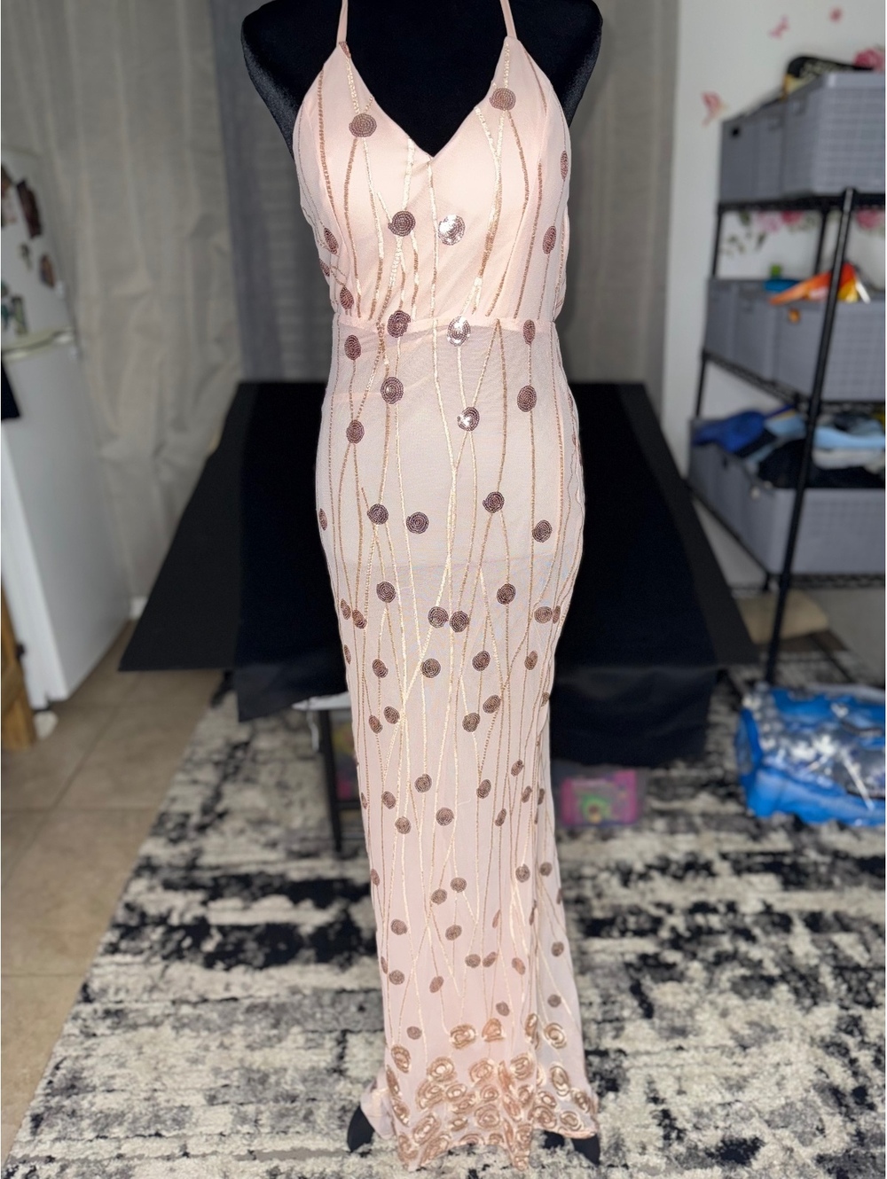 Elegant Beige Sequin Embellished Maxi Dress with Halter Neck